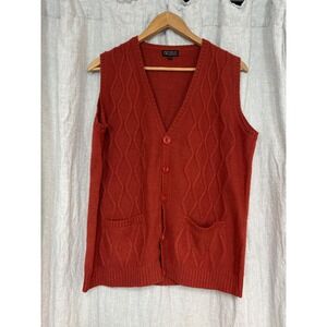 Tinkuy Peru Alpaca Wool Knit Sweater Vest Rust Orange Diamond Cable Button  L